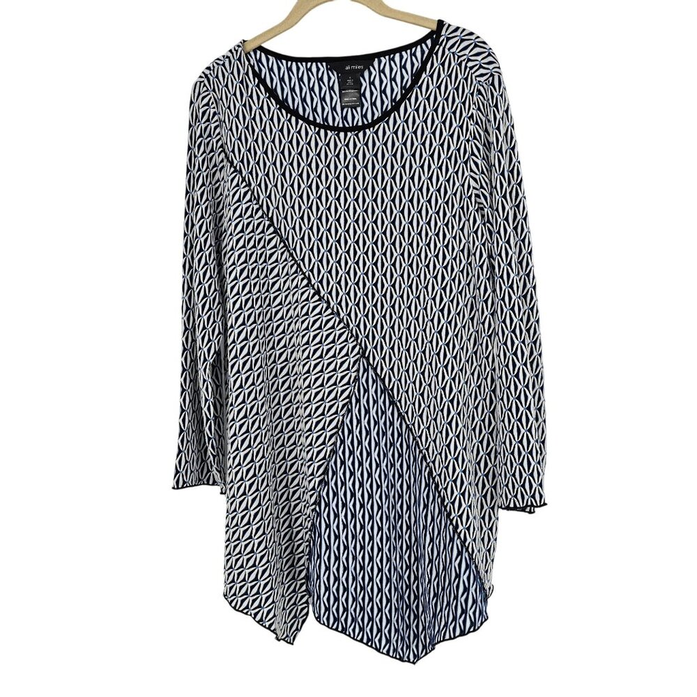 Ali Miles Geometric Print Tunic Top L Hanky Hem Blue White Black Artsy Lagenlook